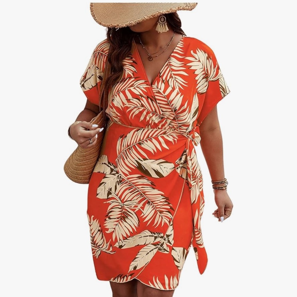 Cream and Orange Tropical Coverup Dress with Tie Waist